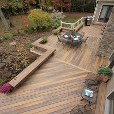 this ground level deck has a symmetrical look with on one side a railing and and both sides benches wrap deck designs backyard decks backyard ground level deck