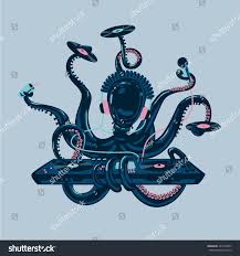 Octopus Dj With Vinyl Disc And Turntable Live Music Party