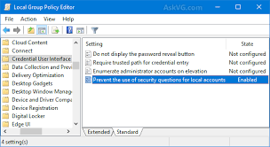 You can remove blank password restriction by following the steps given below from the right pane double click on accounts: Tip Disable Security Questions Requirement For Local User Accounts In Windows 10 Askvg