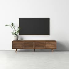 Statement legs and corner open storage sections bring character to space, while three airy shelves. Allmodern Keira Solid Wood Tv Stand For Tvs Up To 85 Reviews Wayfair