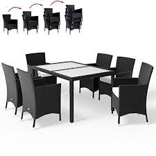 Deuba Poly Rattan Sitzgruppe 6 1 Schwarz 6 Stapelbare Stuhle 7cm Dicke Sitzauflagen Creme Wetterfeste Rattan Gartenmobel Esstisch Stuhle Gartenmobel Sets