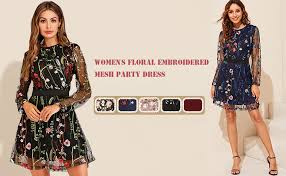 Black mesh dress with embroidered flowers. Milumia Women S Floral Embroidery Mesh Round Neck Tunic Party Dress At Amazon Women S Clothing Store