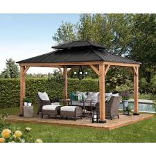 Sunjoy Archwood 12 Ft X 10 Ft Cedar Framed Gazebo With Steel Hardtop A102007500 The Home Depot In 2020 Backyard Renovations Backyard Pavilion Backyard Gazebo