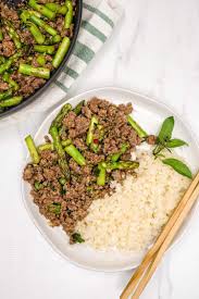 Thai Basil Ground Beef Bowl Slender Kitchen Recipe Ground Beef Stir Fry Asparagus Recipes Healthy Ground Beef