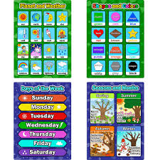 Bememo 4 Pieces Educational Learning Posters Days Of The Week Shapes And Colors Seasons And Months Planet And Weather Charts For Toddlers And Kids