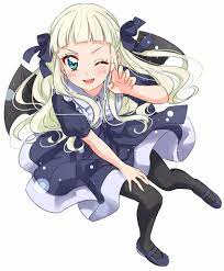 d 1girl d aikatsu aqua eyes bangs bat wings black legwear blonde hair blue dress blue shoes blunt bangs blush character request claw p 藤堂ユリカ 吸血鬼 イラスト フォトカツ