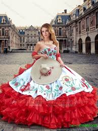 2016 Luxurious White And Red Quinceanera Dresses With Ruffled Layers And Embroide Red Quinceanera Dresses Pretty Quinceanera Dresses Charro Quinceanera Dresses
