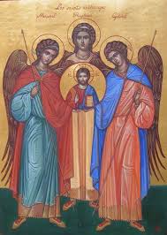 Despre ingeri, biserica invata ca ei sunt duhuri slujitoare (evrei,1,14), adica fiinte fara de trupuri, slugi credincioase. SfinÈii Arhangheli Mihail Rafail Èi Gavriil Doxologia