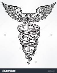 Why does it look like that? Caduceus Symbol Of God Mercury Highly Detailed Snakes Wrapped Around Winged Staff Hand Drawn Vintage Linear Tatt Medical Tattoo Caduceus Tattoo Army Tattoos