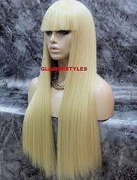 Human Hair Blend Long Straight W Bangs Bleach Blonde Full Wig Hair Piece 613 Wigs Hair Piece Long Blonde Hair
