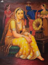Around 1900 de kleding van de vrouw ziet er erg mooi uit, ze lijkt wel een heel machrige invloedrijke vrouw. Indian Lady With People In The Back Raja Ravi Varma