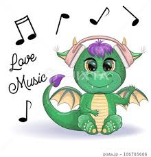 Cute cartoon green dragon in headphones listens...