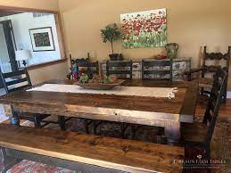 Solid wood creates beautiful amish dining table and chairs. Reclaimed 3 Thick Spruce Barn Wood Farm Table Has 5 Turned Legs And A Matching Spruce Bench We Hand Farmhouse Kitchen Tables Furniture Farm Table With Bench