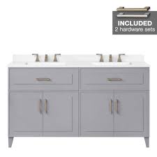 These menards bathroom vanity tops also come in unique colors, shapes and sizes, all while effortlessly maintaining sync with every possible. Ove Decors Denver 60 W X 22 D Pebble Gray Vanity And White Cultured Stone Vanity Top With Rectangular Undermount Bowls At Menards