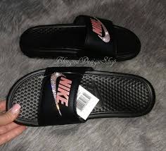 Black And Gold Nike Slides Womens Swarovski Womens Nike Benassi Slides Black Sandals Customized Bling Nike Shoes Nike Shoes Photo Nike Women