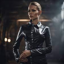 dominant beautiful woman in a black leather suit
