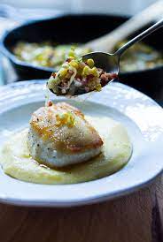 Halibut With Fresh Corn Leeks Pancetta Sage Over Creamy Polenta Recipe Halibut Recipes Gourmet Recipes Cooking Recipes
