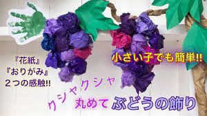 簡単 くしゃくしゃに丸めて ぶどうの飾り を作ったよ 花紙 おりがみ ２つの感触 遊び 秋の壁面 保育 子ども easy paper craft grapes for kids 683 youtube 秋の壁面 9月の飾り 秋のクラフト