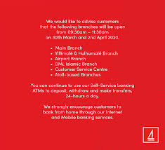 217,750 likes · 2,071 talking about this · 1,836 were here. Bank Of Maldives On Twitter We Would Like To Advise Customers Of The Revised Working Hours As Per Notice Below The Following Services Will Be Available Cash Deposits Withdrawals Cheque Deposits