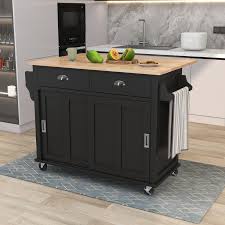 Kitchen Cart With Rubber Wood Drop Leaf