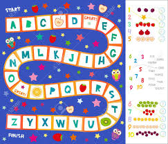 Funny Cartoon English Alphabet Game Playmats For Preschool Children Owls Stars Kiwi Orange Strawberry Apple Red Squares On White Blue Background Numbers 1 To 10 Kids Words Learning Game Vector Illustration Royalty