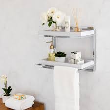 Several space saving devices were used in this small bathroom. Bathroom Accessories And Decor Wall Mount 2 Tier Chrome Shelving Unit With Towel Rack And White Removable Trays Danya B
