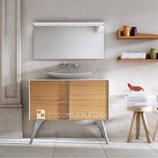 Mueble Lavabo 100 Fresno Natural Costados Blanco Mate Y Tiradores Cromo Mate Juego Cuatro Patas Cromo Mate De 30 H Espejo Muebles De Bano Muebles Cajones