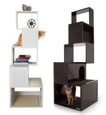 Modern Multipurpose Cat Tree In Two Color Options Such As Black And White With Open Shelves For Storage Id Cat Bed Furniture Modern Pet Furniture Pet Furniture