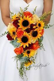 Cascading Sunflower Bouquet With Sage Green Roses Wine Roses And Orange Roses Red Bouquet Wedding Wedding Flower Arrangements Wedding Flowers Summer