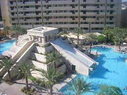 Near the strip, creative and playful waterscapes and slides. View Of The Pool Water Slides From Our Room Picture Of Cancun Resort Las Vegas Tripadvisor