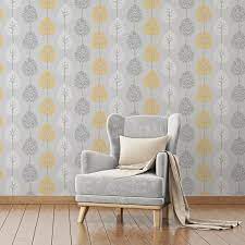 Fine Decor Riva Wallpaper Fd41594 Tree Grey Yellow White For Sale Online Ebay Yellow Living Room Grey And Yellow Living Room Wallpaper Living Room