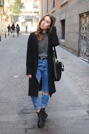 Black Boots With Blue Jeans Womens Women S Black Coat Dark Green Cropped Sweater Blue Ripped Boyfriend Jeans Black Chunky Leather Ankle Boots Boots Outfit Ankle Casual Winter Outfits Chunky Boots Outfit