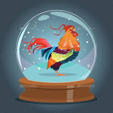 Cartoon Rooster Inside Glass Ball Happy New Year Banner Banner Flat Vector Illustration Cartoon Rooster Merry Christmas Vector Happy New Year Banner