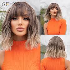 GEMMA Synthetic Wavy Wig Brown Ombre Short Curly Wig with Bangs for Women  Natural Hair Cosplay Party Wig Heat Resistant Fibre