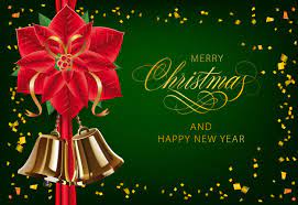 Festive season, noël, xmas, yule, yuletide, christmastide, christmastime. Feliz Navidad Con Flor De Pascua Y Campanas De Oro Vector Gratis