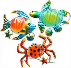 Metal wall decor outdoor wall art, set of 3 metal sea turtle, fish and crab outdoor wall decor, ocean themed metal art wall decor for home, bathroom, bedroom, garden, pool, patio, deck, balcony. Buy Giftme 5 Metal Beach Wall Art Decor Set Of 3 Metal Seaturtle Fish And Crab With Stained Glass Wall Art For Pool Patio Bathroom Or Pool Deck Balcony Wall Decor 10 Inch Multicolor Online In