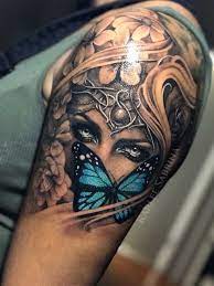 Blue Butterfly Lace Black And Grey Tattoo Realism In 2021 Shoulder Tattoo Tattoos Body Art Tattoos