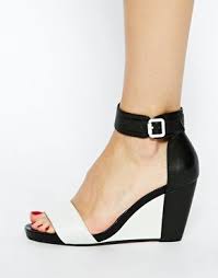 Black And White Wedges Sandals Image 4 Of Dune Gwens Black White Mid Wedge Sandals Ankle Strap Chunky Heels Black Wedge Sandals Wedge Sandals