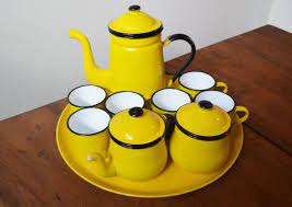 Enamel Yellow Tea Set One Of Kind Full Set With Serving Tray Yellow And Black Enamelware Mid Century Modern Japan Tea Sets Modern Yellow Tea Tea Set
