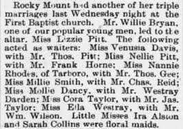Bryan, Willie and Lizzie Pitt, Marriage Notice, 1896, Rocky Mount, NC