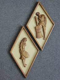 Pair Of Carved Pictures Mounted On Hessian With Timber Frames Mid Century Modern Wall Hangings 1950s Phi Picture Mounting Carved Wall Art Modern Wall Hanging