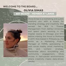 We are pleased to announce our newest Board Member...Olivia Simas! We are  so grateful to have her join the team! . . . . Alt Text: The bio card  features a photo