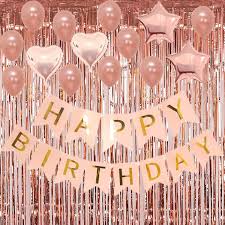 Rose gold birthday party decorations, rose gold party decorations set for girls or women, happy birthday banner, curtains, table runner, balloons, plates, cups, tissue for 24 guest by jsn party. Svnntaa Birthday Decorations Party Supplies Happy Birthday Banner Rose Gold Fringe Foil Curtain 10 Rose Gold Birthday Balloons 2 Heart Foil Balloons 2 Star Foil Balloons For Kids Girl Party Baby Shower Decoration