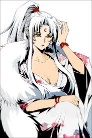 twenty, sesshoumaru, inuyasha, fur, highres, 1girl, breasts, cleavage,  crescent moon, facial mark, female focus, forehead mark, genderswap,  genderswap (mtf), japanese clothes, kimono, long hair, medium breasts,  moon, ponytail, solo, white hair, yellow
