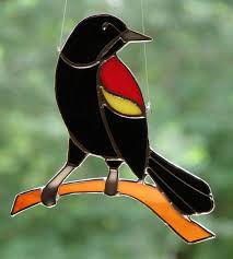 Black Bird With Red Under Wing Stained Glass Red Winged Blackbird Sun Catcher Etsy In 2020 Stained Glass Birds Stained Glass Black Bird