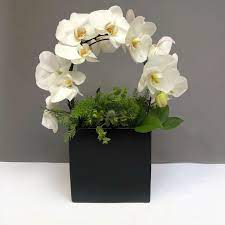 White Phalaenopsis Orchid With Greenery In A Black Vase Same Day Delivery I Flower Arrangements Simple Orchid Flower Arrangements Creative Flower Arrangements