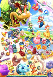 maribou (supermaribou), blue toad (mario), bowser, bowser jr., bulrush  (mario), castle bowser, hoppo (mario), luigi, mario, missile meg, mumsie,  nabbit, outmaway (mario), poplin (mario), prince florian, princess daisy,  princess peach, shova, skedaddler,