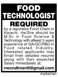 Pakjobs Job For Lahore Food Technologist Required Food Chain Food Technologist Science And Technology