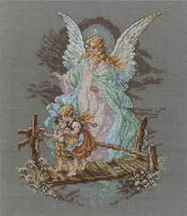 Angels in red quilt pattern. Guardian Angel Cross Stitch Kit