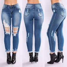Fashion Wanita Jeans Denim Lubang Perempuan High Waist Peregangan Pensil Seksi Ramping Celana Shopee Indonesia